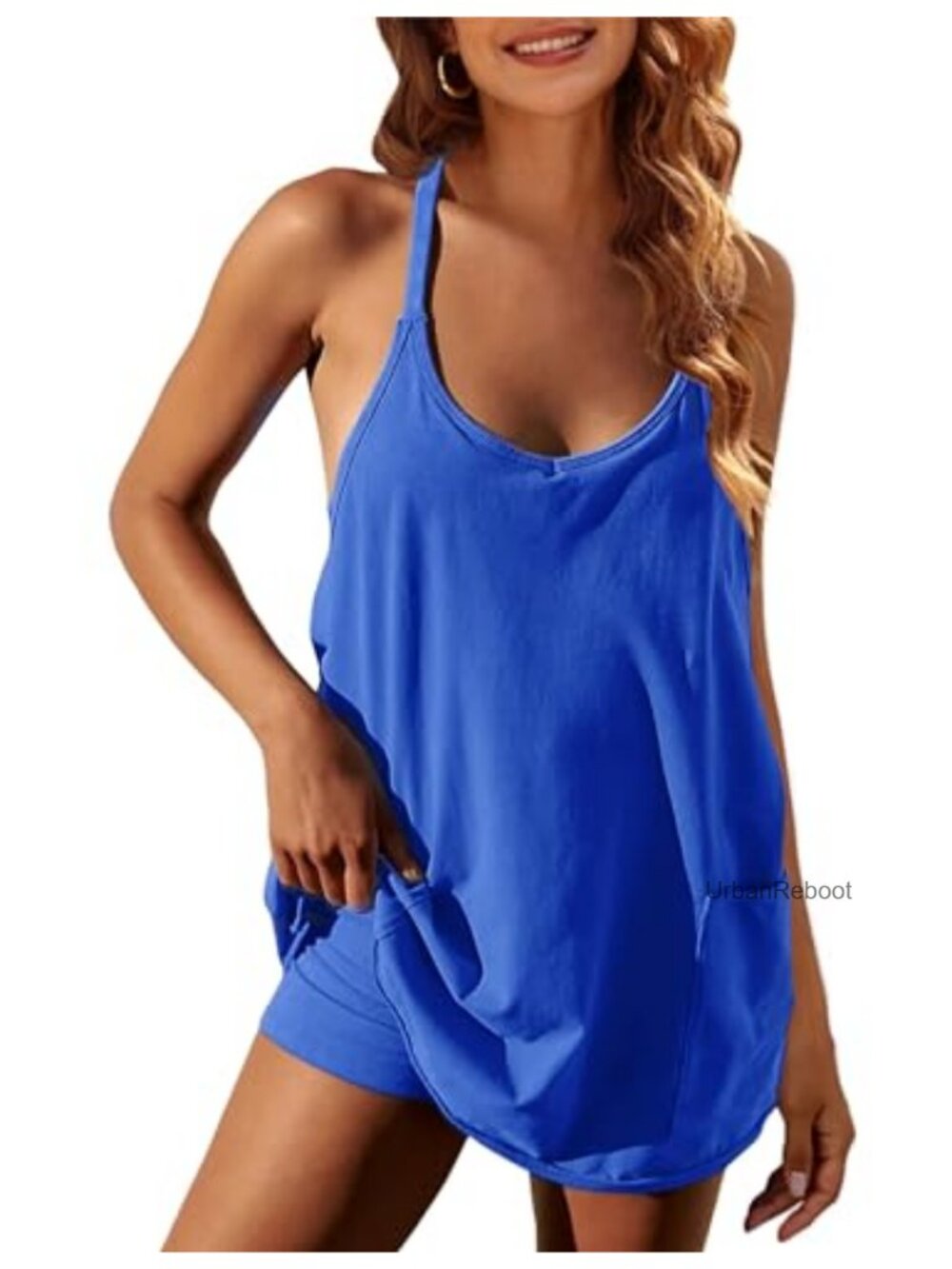 Women Athletic Mini Dress Built-in Shorts Sleeveless V-Neck Spaghetti Strap